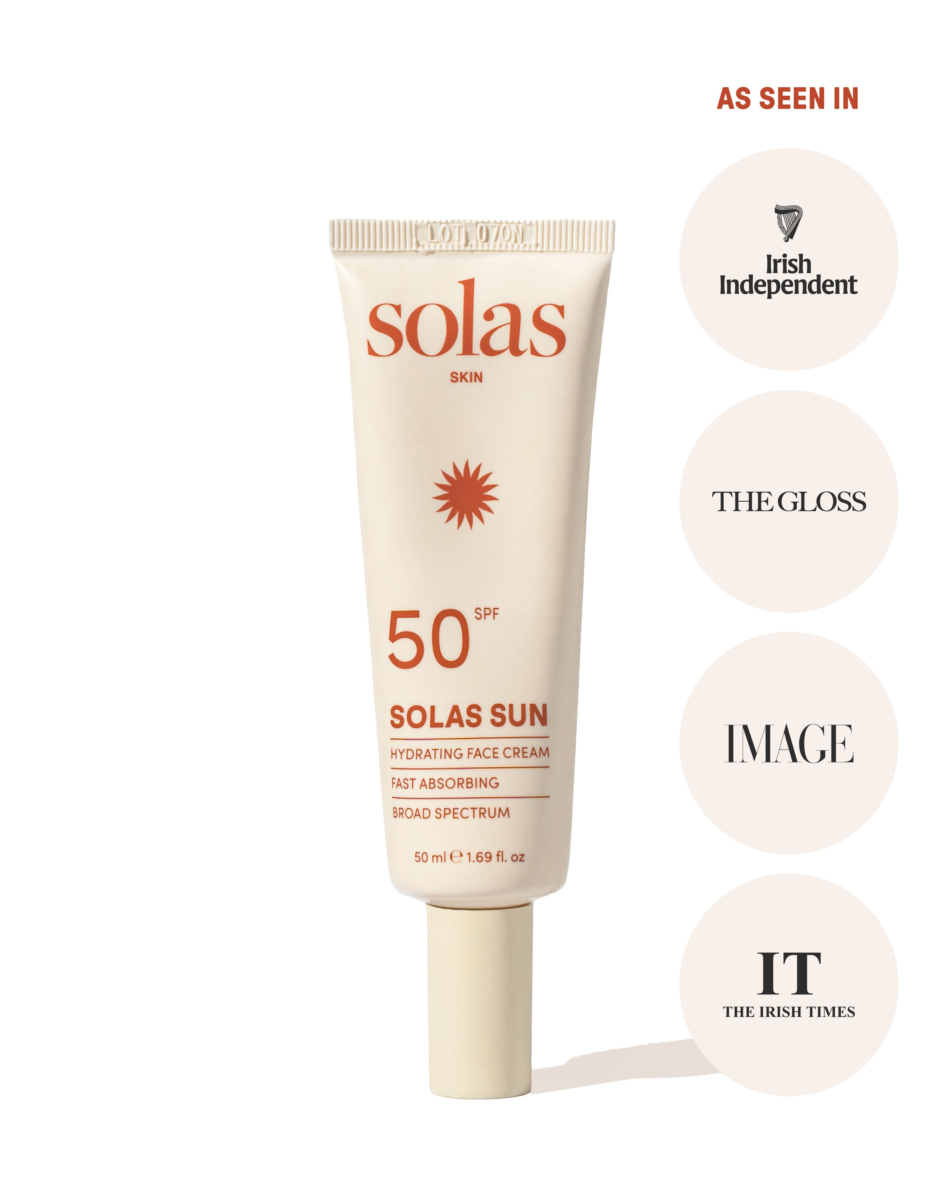 Solas Sun hydrating face cream tube on a white background