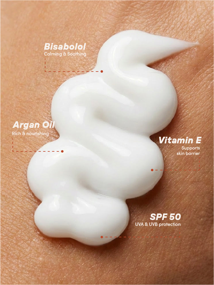 White cream swirl on skin with text highlighting ingredients and benefits