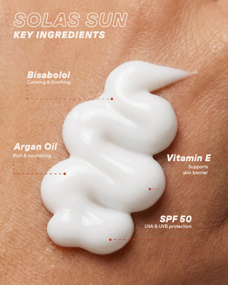 White cream swatch on skin with text detailing key ingredients and SPF 50.
