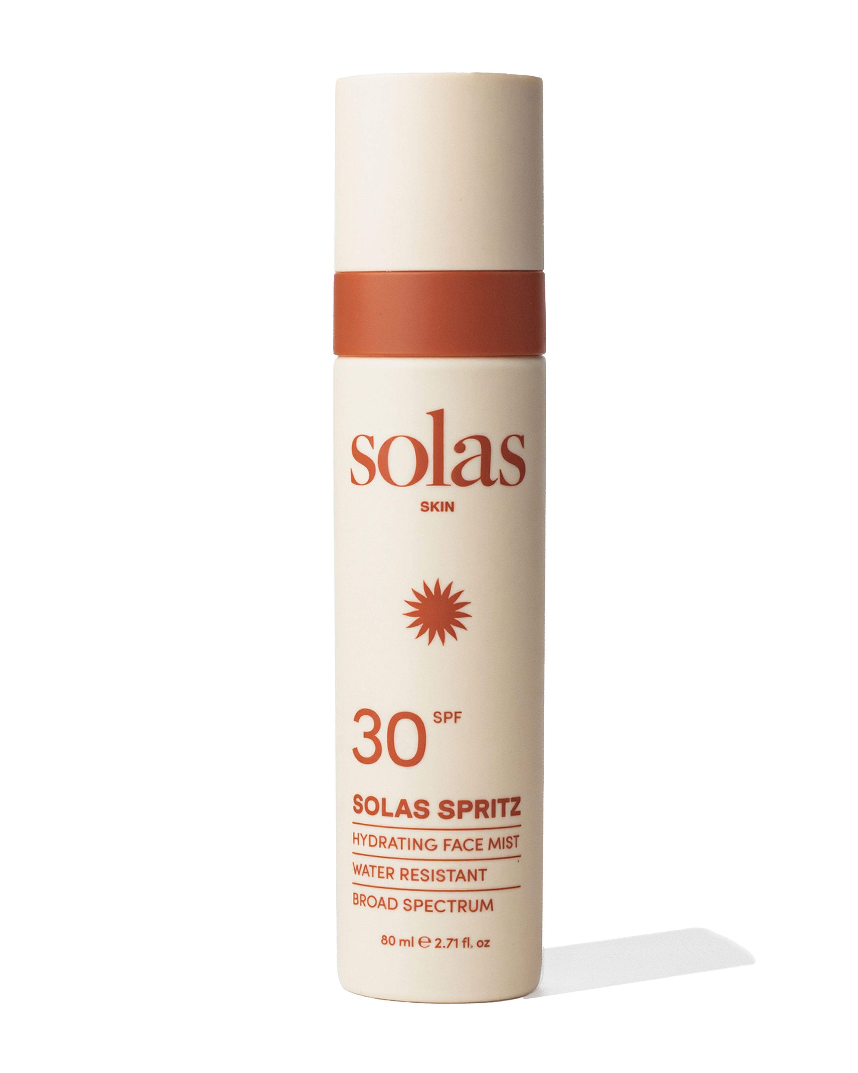 Solas Spritz SPF 30 face mist bottle on a white background